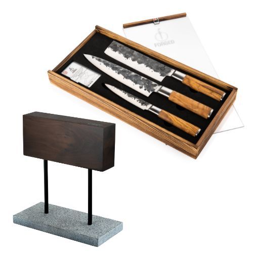 Forged Olive Knife Set 3-piece + Walnut Knife Block